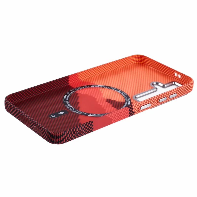 For Samsung Galaxy S24 Case Compatible with MagSafe Carbon Fiber Texture Water-Transfer PC Phone Cover - Orange Peak