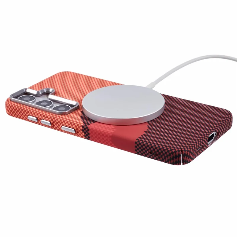 For Samsung Galaxy S24 Case Compatible with MagSafe Carbon Fiber Texture Water-Transfer PC Phone Cover - Orange Peak