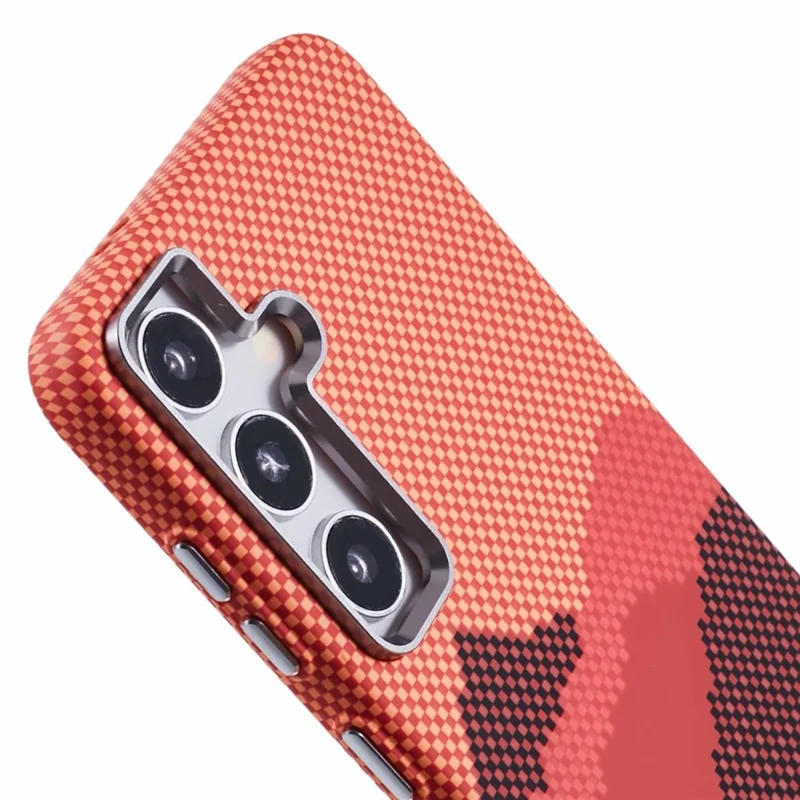 For Samsung Galaxy S24 Case Compatible with MagSafe Carbon Fiber Texture Water-Transfer PC Phone Cover - Orange Peak