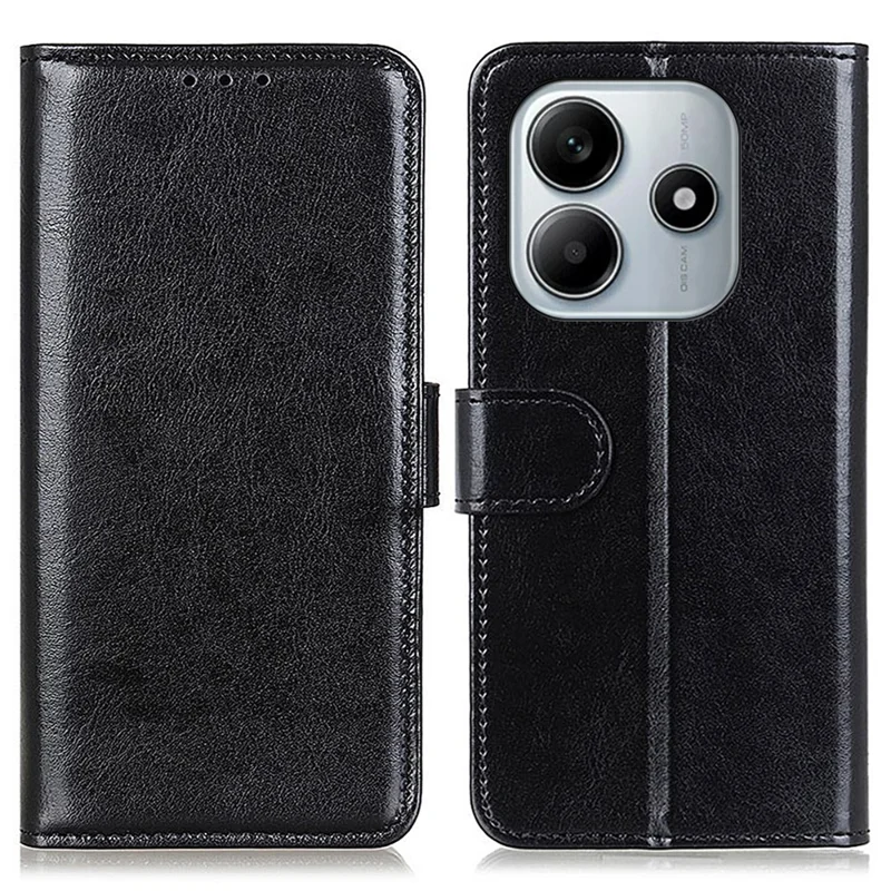 For Xiaomi Redmi Note 14 4G (163.25mm) Case Crazy Horse Texture PU Leather Phone Stand Cover - Black
