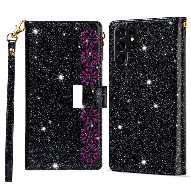 For Samsung Galaxy S25 Ultra Case Starry Sky Carving Leather Wallet Phone Cover - Black