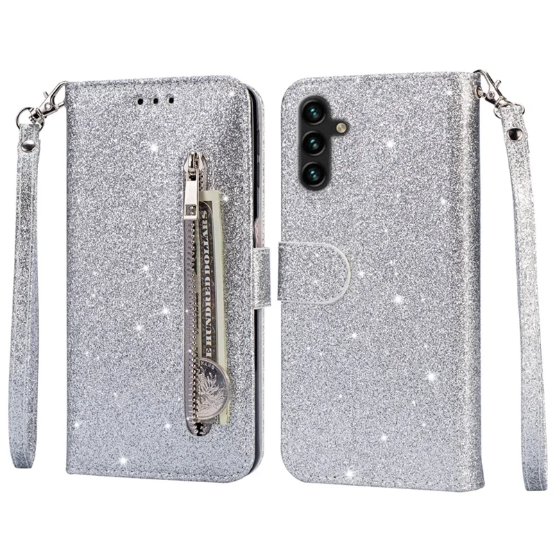 For Samsung Galaxy S24 FE Stand Case Glitter Phone Leather Cover Zipper Pocket - Silver