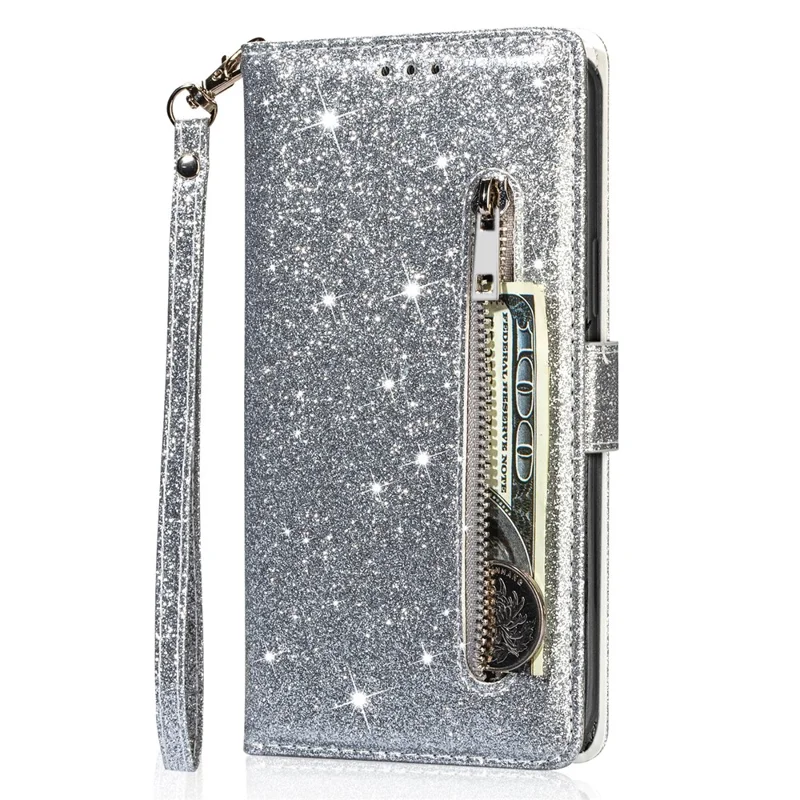 For Samsung Galaxy S24 FE Stand Case Glitter Phone Leather Cover Zipper Pocket - Silver