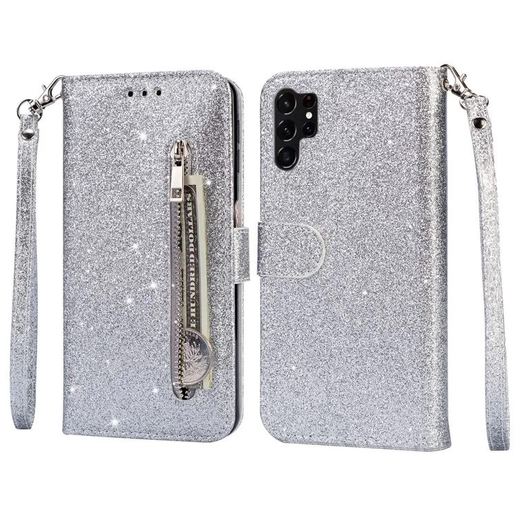 For Samsung Galaxy S25 Ultra Stand Case Glitter Phone Leather Cover Zipper Pocket - Silver