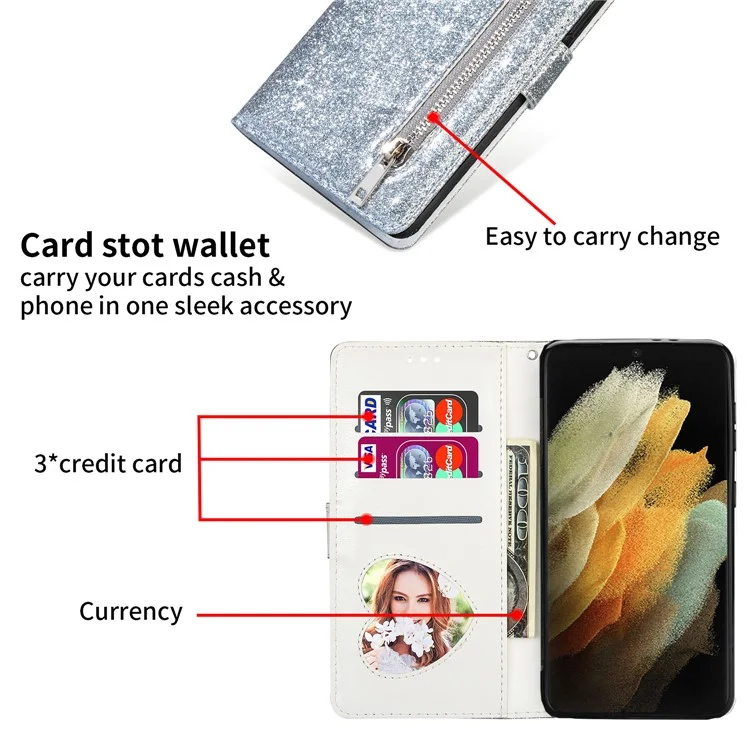 For Samsung Galaxy S25 Ultra Stand Case Glitter Phone Leather Cover Zipper Pocket - Silver