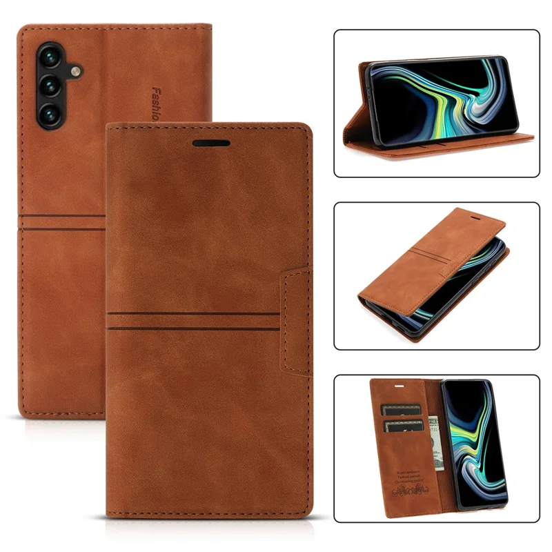 For Samsung Galaxy S25+ Wallet Case Magnetic Closing Leather Phone Cover - Brown