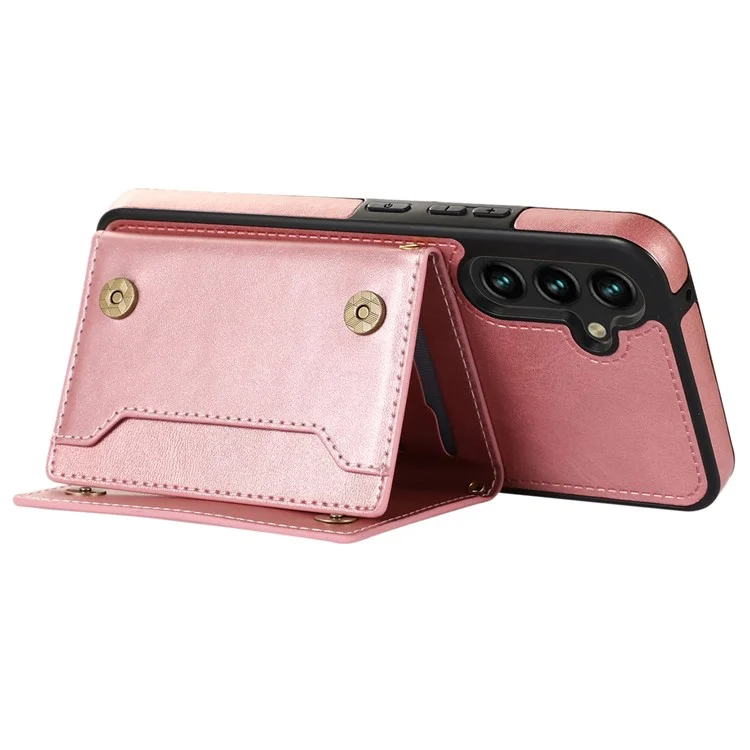 For Samsung Galaxy S25+ Case Wallet RFID Blocking TPU Leather Phone Cover with Lanyard - Rose Gold