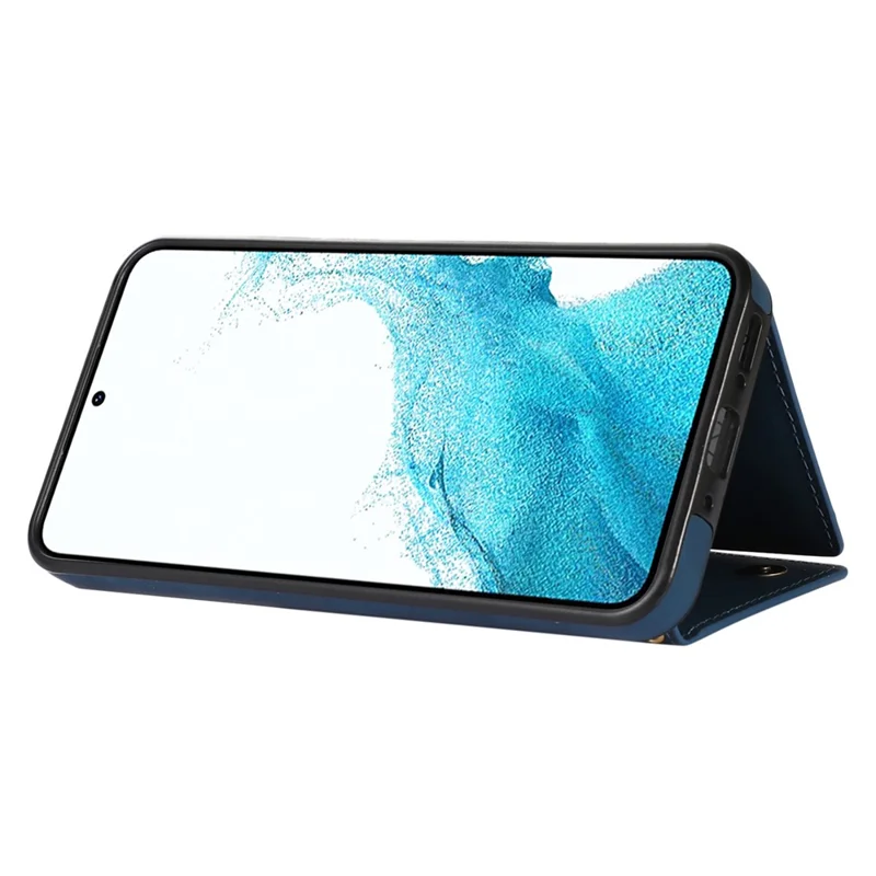 For Samsung Galaxy S25 Case Wallet RFID Blocking TPU Leather Phone Cover with Lanyard - Blue