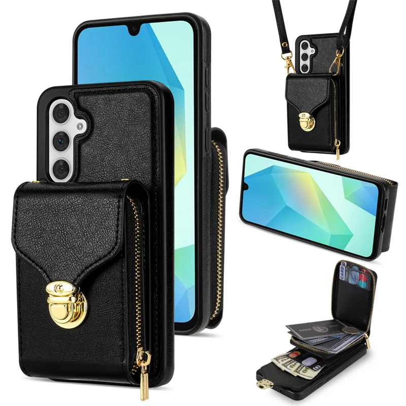 Capa com zíper e carteira de couro+TPU para Samsung Galaxy A16 5G / 4G, com alça - Preta