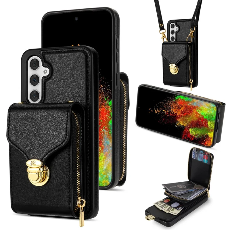 For Samsung Galaxy S25 Case Zipper Wallet Leather+TPU Phone Cover with Strap - Black