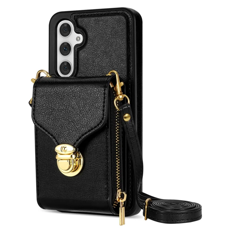 For Samsung Galaxy S25 Case Zipper Wallet Leather+TPU Phone Cover with Strap - Black