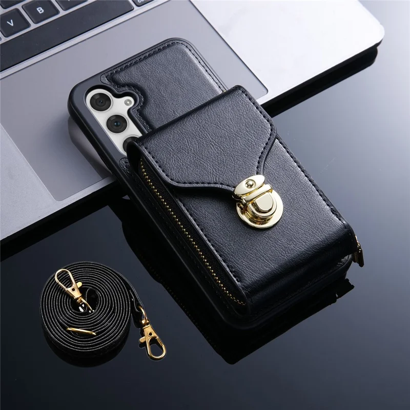 For Samsung Galaxy S25 Case Zipper Wallet Leather+TPU Phone Cover with Strap - Black