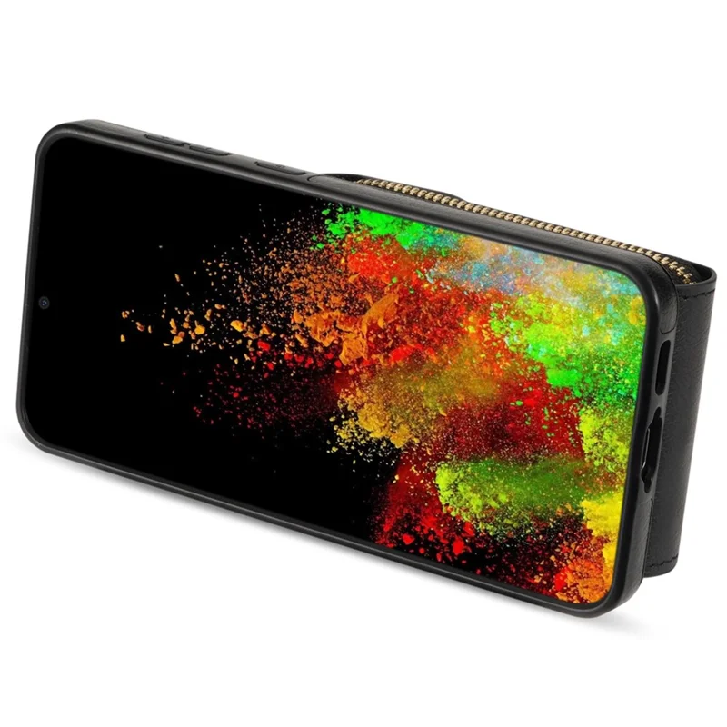 For Samsung Galaxy S25 Case Zipper Wallet Leather+TPU Phone Cover with Strap - Black