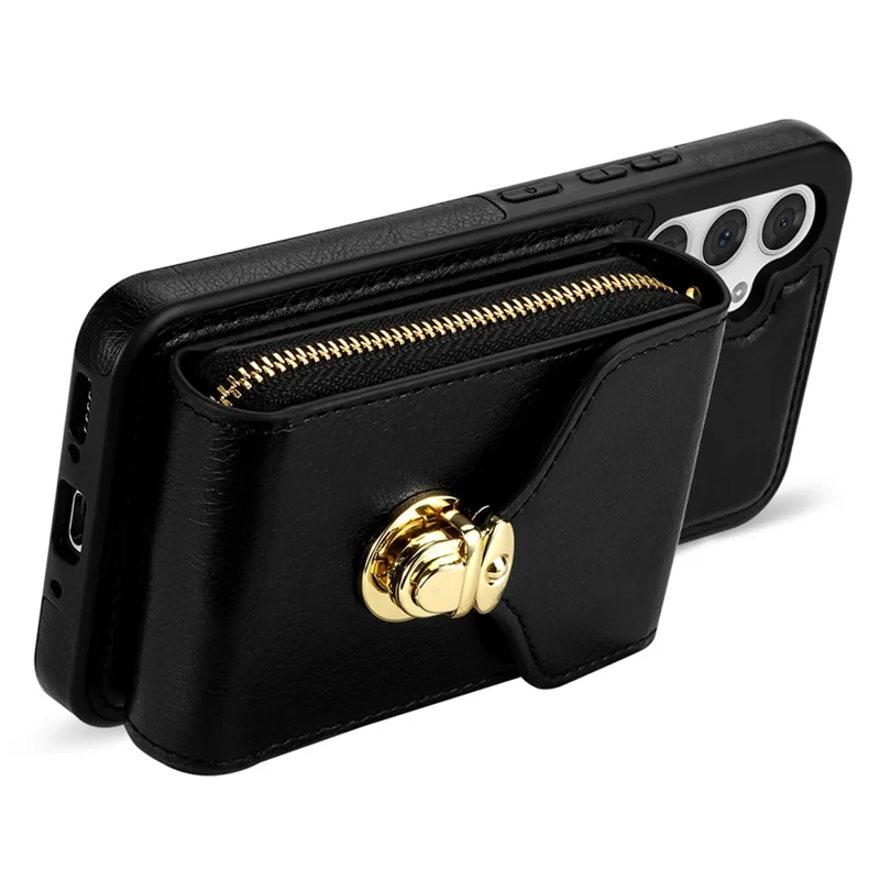 For Samsung Galaxy S25 Case Zipper Wallet Leather+TPU Phone Cover with Strap - Black