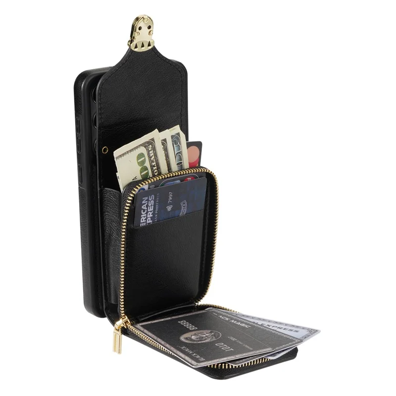 For Samsung Galaxy S25 Case Zipper Wallet Leather+TPU Phone Cover with Strap - Black