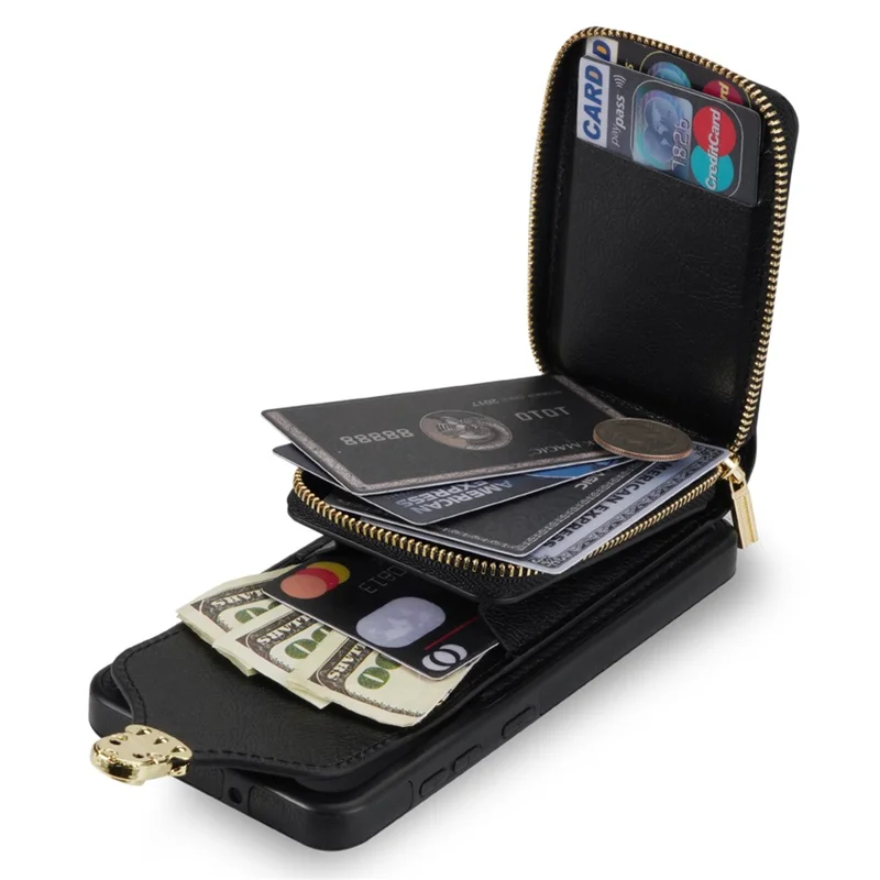 For Samsung Galaxy S25 Case Zipper Wallet Leather+TPU Phone Cover with Strap - Black