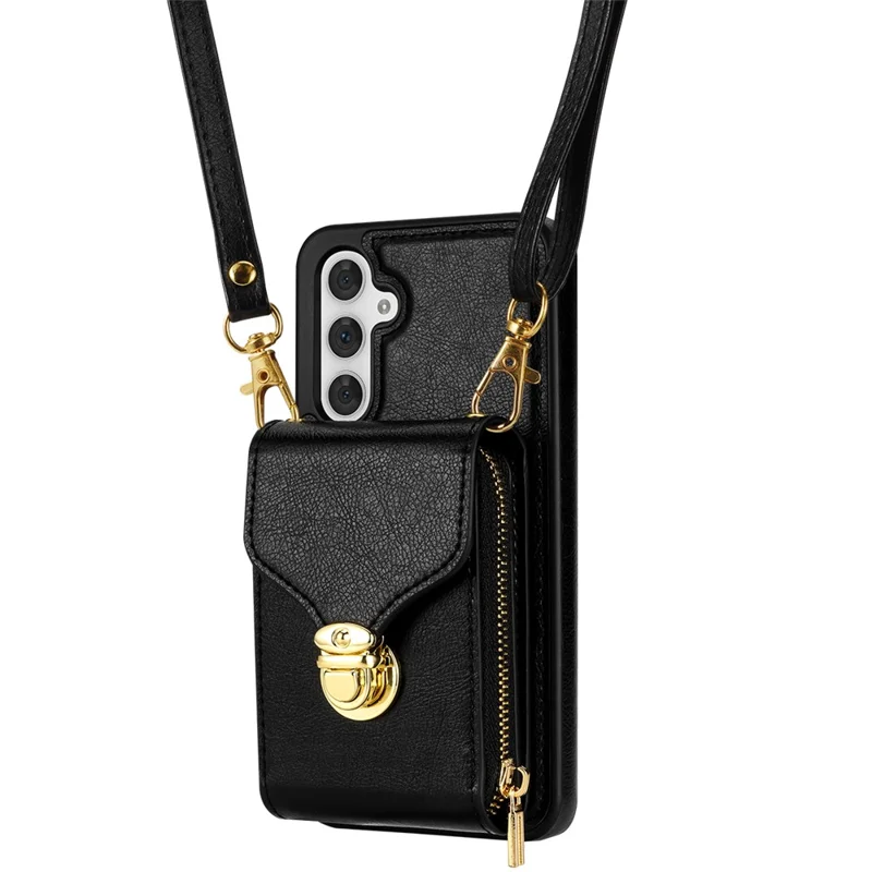 For Samsung Galaxy S25 Case Zipper Wallet Leather+TPU Phone Cover with Strap - Black