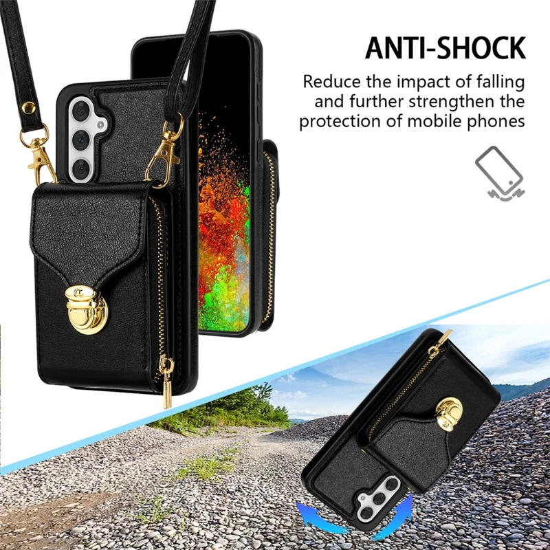 For Samsung Galaxy S25 Case Zipper Wallet Leather+TPU Phone Cover with Strap - Black