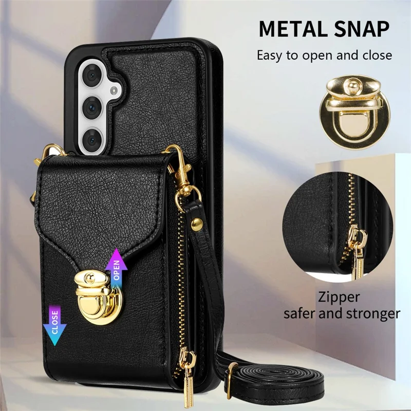 For Samsung Galaxy S25 Case Zipper Wallet Leather+TPU Phone Cover with Strap - Black
