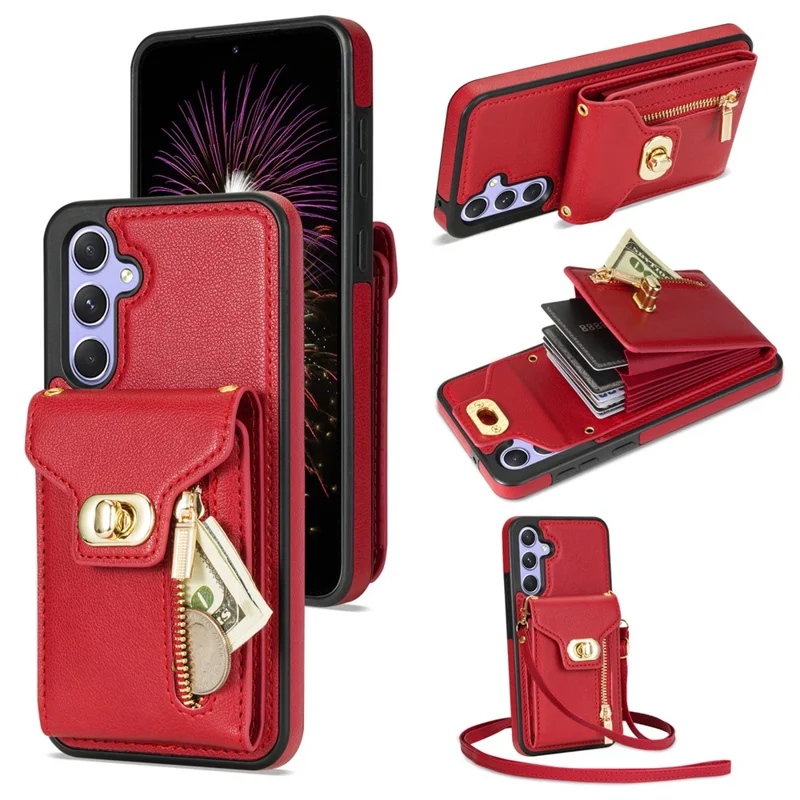 Voor Samsung Galaxy S25 Hoesje Leer + TPU Telefoonhoes met Cardholder, Schouderband - Rood