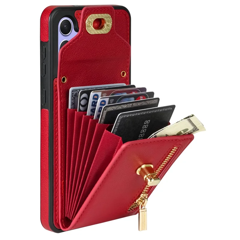Voor Samsung Galaxy S25 Hoesje Leer + TPU Telefoonhoes met Cardholder, Schouderband - Rood