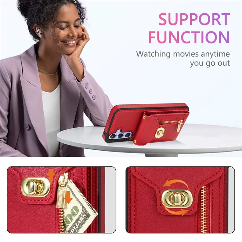 Voor Samsung Galaxy S25 Hoesje Leer + TPU Telefoonhoes met Cardholder, Schouderband - Rood