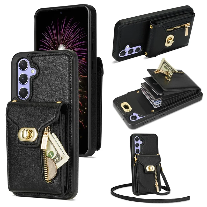Funda para Samsung Galaxy S24 FE de cuero + TPU con bolsillo para tarjetas y correa para el hombro - Negro
