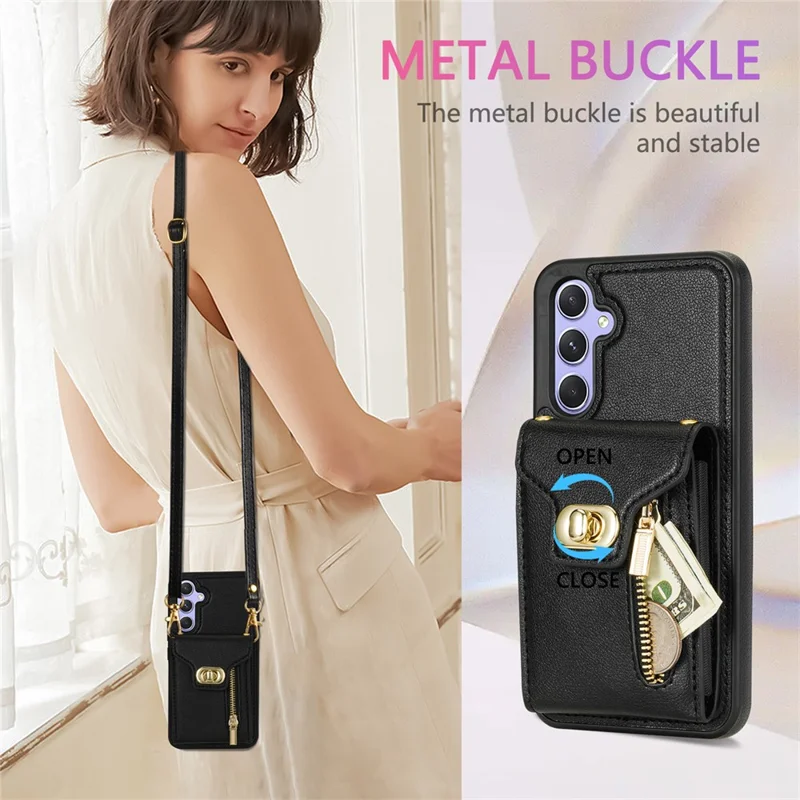 Funda para Samsung Galaxy S24 FE de cuero + TPU con bolsillo para tarjetas y correa para el hombro - Negro