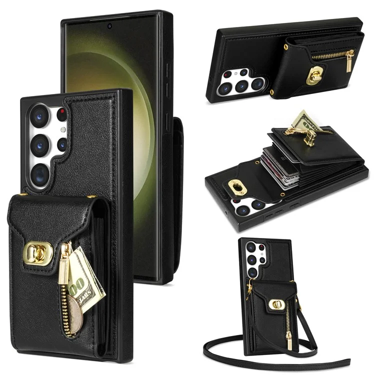 Funda para Samsung Galaxy S25 Ultra de cuero + TPU, con bolsa para tarjetas y correa para el hombro - Negro