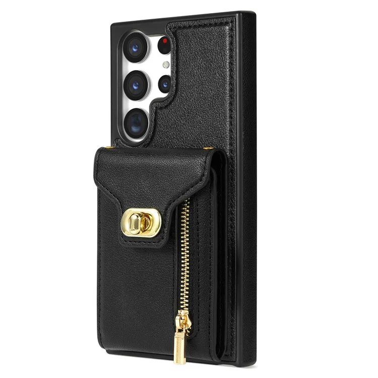 Funda para Samsung Galaxy S25 Ultra de cuero + TPU, con bolsa para tarjetas y correa para el hombro - Negro