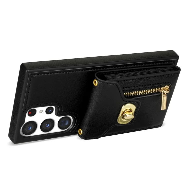 Funda para Samsung Galaxy S25 Ultra de cuero + TPU, con bolsa para tarjetas y correa para el hombro - Negro