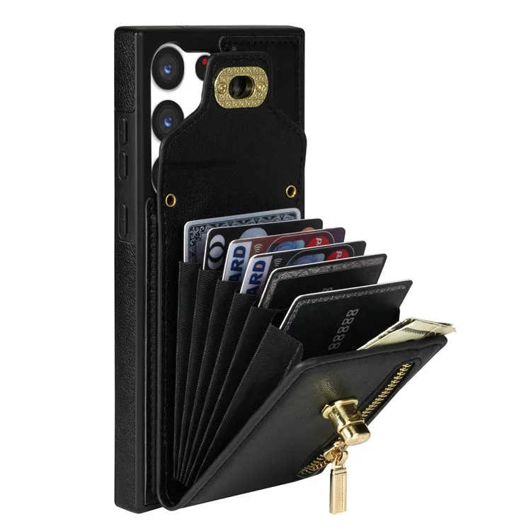 Funda para Samsung Galaxy S25 Ultra de cuero + TPU, con bolsa para tarjetas y correa para el hombro - Negro