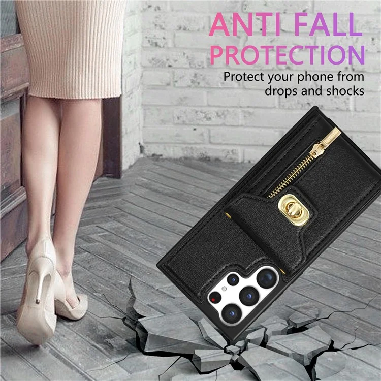 Funda para Samsung Galaxy S25 Ultra de cuero + TPU, con bolsa para tarjetas y correa para el hombro - Negro