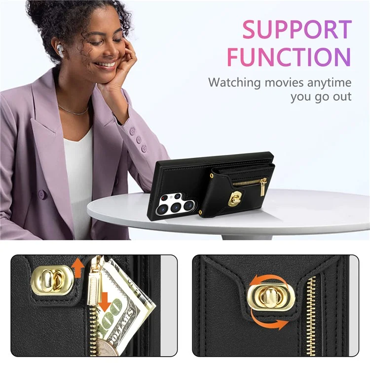 Funda para Samsung Galaxy S25 Ultra de cuero + TPU, con bolsa para tarjetas y correa para el hombro - Negro