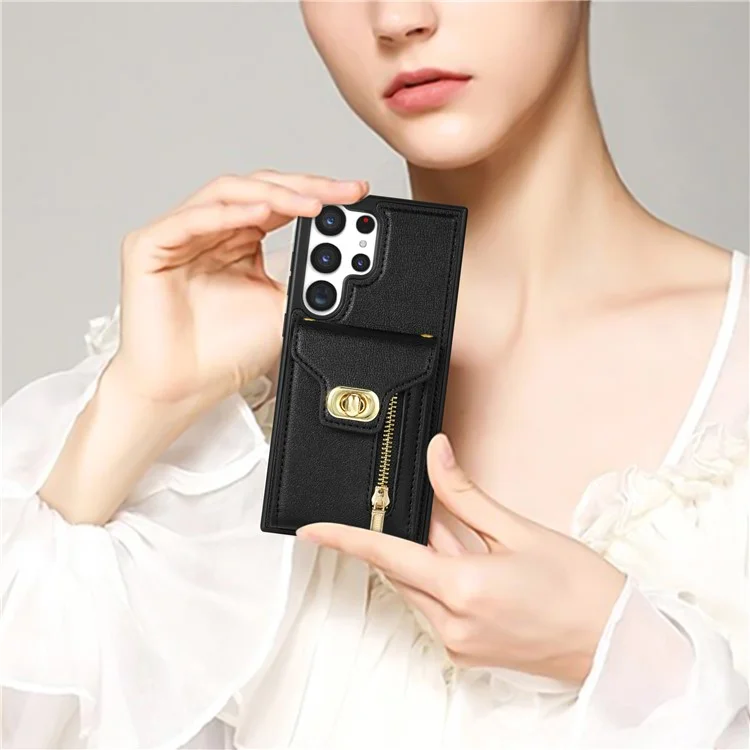 Funda para Samsung Galaxy S25 Ultra de cuero + TPU, con bolsa para tarjetas y correa para el hombro - Negro