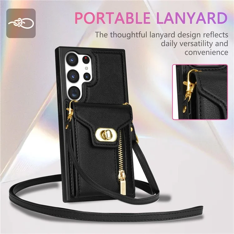 Funda para Samsung Galaxy S25 Ultra de cuero + TPU, con bolsa para tarjetas y correa para el hombro - Negro