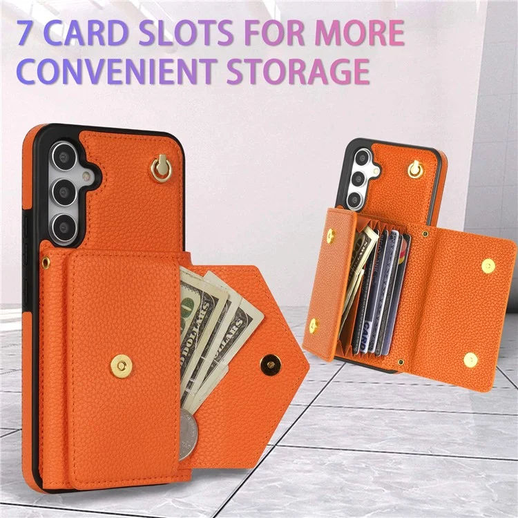Case for Samsung Galaxy S25 with card slots PU+TPU with long strap - Orange