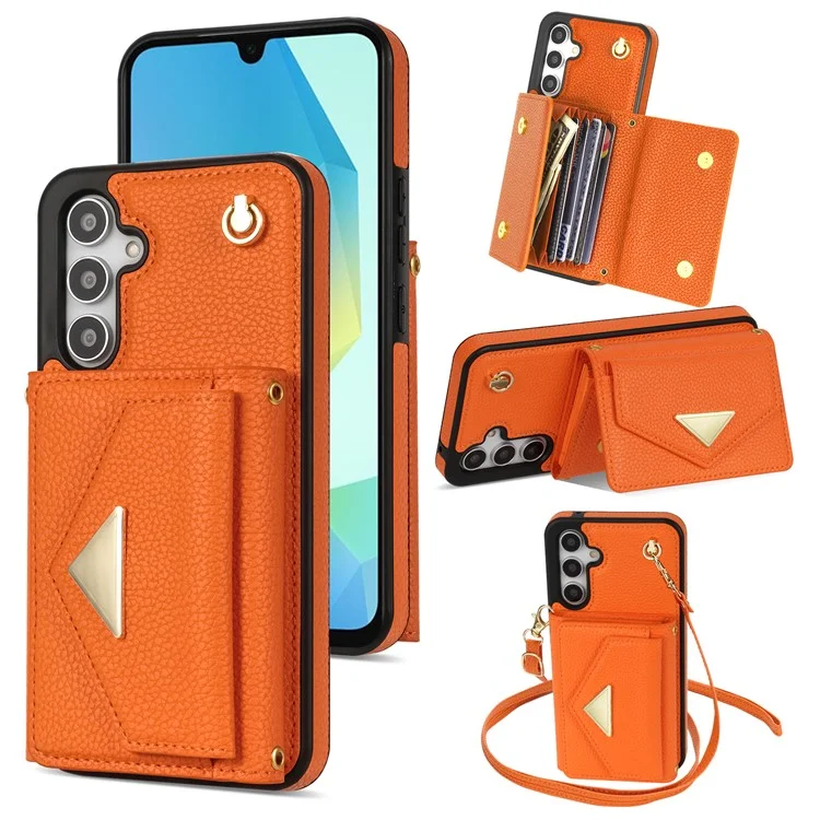 Capa para Samsung Galaxy A16 4G / 5G com slots para cartão, em PU+TPU, com alça longa - Laranja