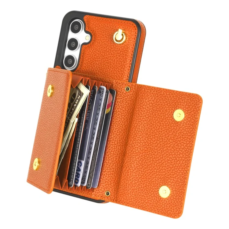 Capa para Samsung Galaxy A16 4G / 5G com slots para cartão, em PU+TPU, com alça longa - Laranja