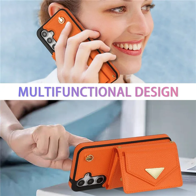 Capa para Samsung Galaxy A16 4G / 5G com slots para cartão, em PU+TPU, com alça longa - Laranja