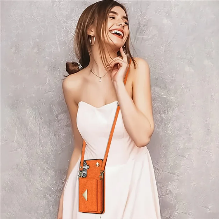 Capa para Samsung Galaxy A16 4G / 5G com slots para cartão, em PU+TPU, com alça longa - Laranja