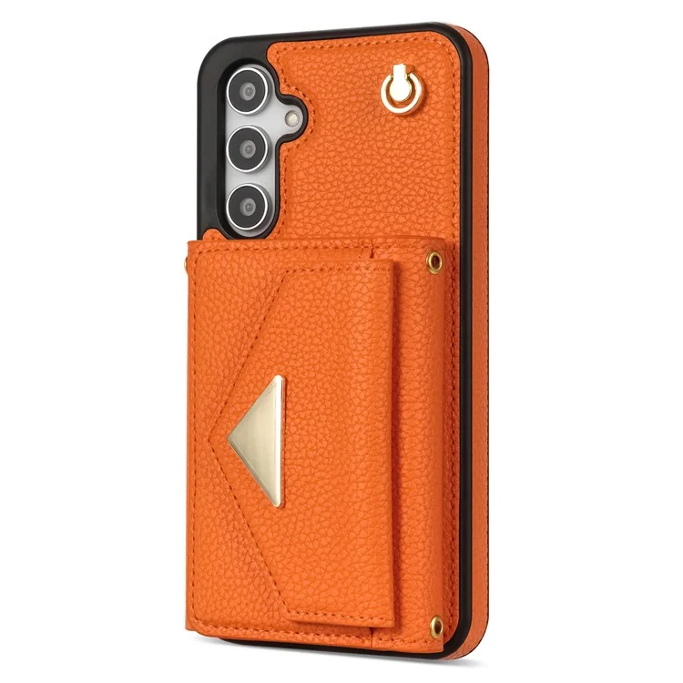 Capa para Samsung Galaxy A16 4G / 5G com slots para cartão, em PU+TPU, com alça longa - Laranja