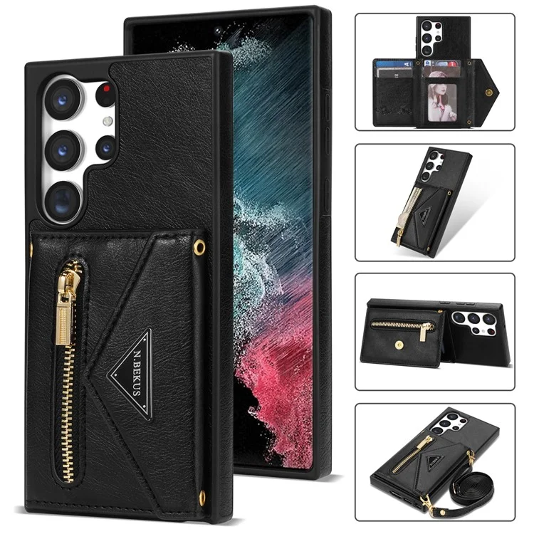 N.BEKUS For Samsung Galaxy S25 Ultra Leather Zipper Case Card Holder Phone Cover with Shoulder Strap - Black