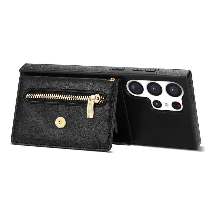 N.BEKUS For Samsung Galaxy S25 Ultra Leather Zipper Case Card Holder Phone Cover with Shoulder Strap - Black