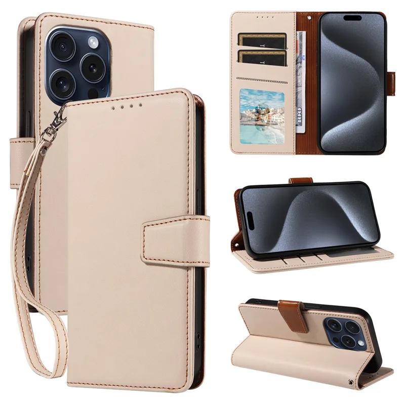Funda para iPhone 14 Pro Max RFID Blocking PU Leather Wallet Flip Phone Cover con Correa para la Muñeca - Albaricoque