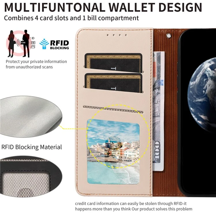 For Samsung Galaxy S24 Ultra Case RFID Blocking PU Leather Wallet Flip Phone Cover with Wrist Strap - Apricot