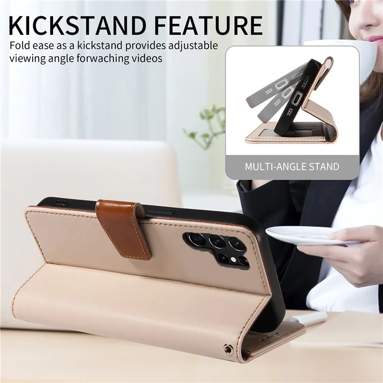 For Samsung Galaxy S24 Ultra Case RFID Blocking PU Leather Wallet Flip Phone Cover with Wrist Strap - Apricot