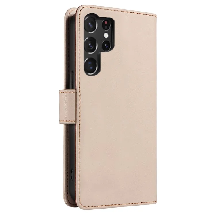 For Samsung Galaxy S24 Ultra Case RFID Blocking PU Leather Wallet Flip Phone Cover with Wrist Strap - Apricot