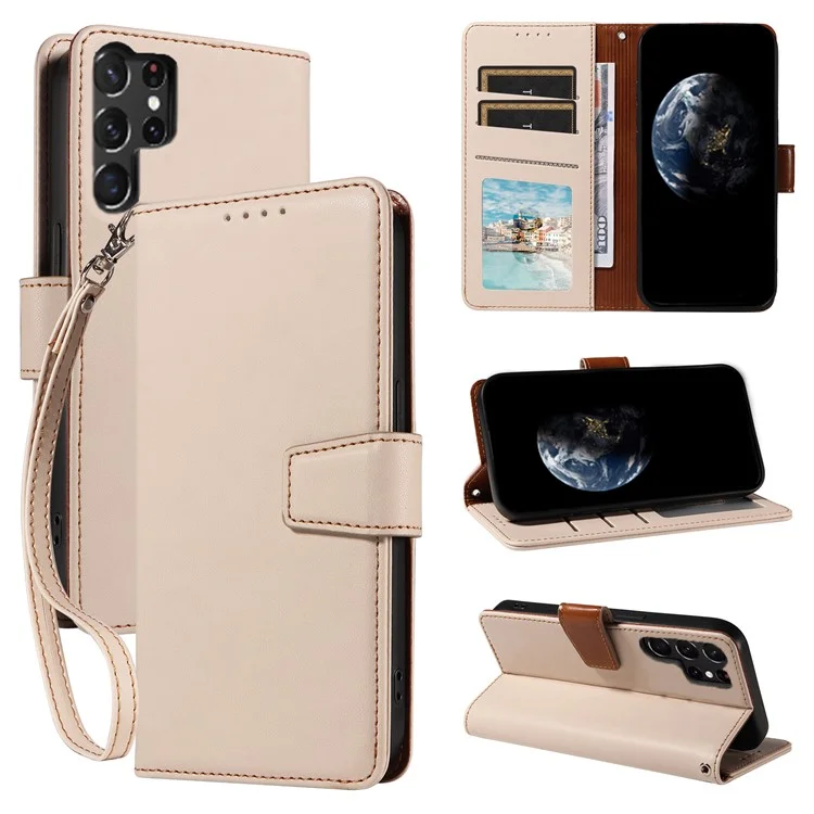 For Samsung Galaxy S24 Ultra Case RFID Blocking PU Leather Wallet Flip Phone Cover with Wrist Strap - Apricot