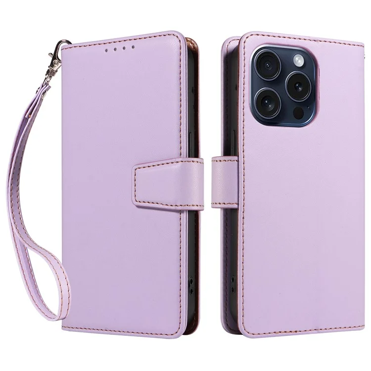 Para o iPhone 14 Pro Case RFID Blocking PU Leather Wallet Flip Phone Cover com Alça de Pulso - Lavender Purple